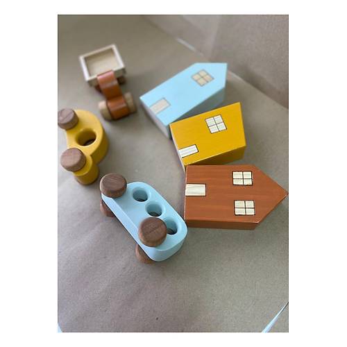 Montessori Oyuncak Ah�ap Ev ve Araba Seti � 6�l� E�itici Do�al Ah�ap Oyuncak | Tiny Wood