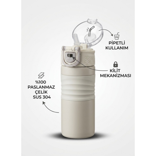 Premium 304 Paslanmaz �elik Pipetli Kilitli Termos Matara 450 ml Ergonomik Kavrama