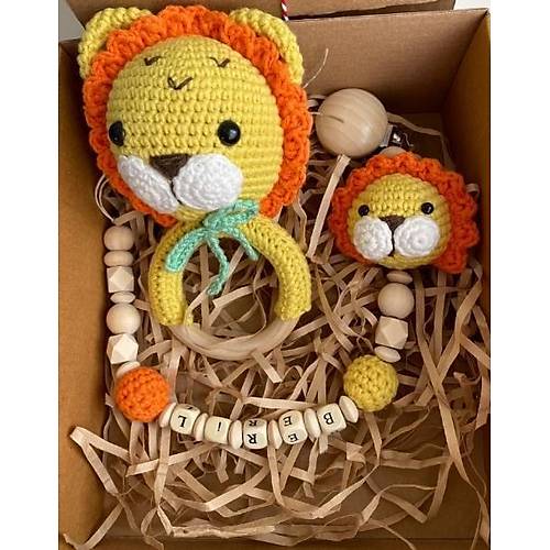 Naturel Aslanck Bebek Seti | El Yapm Amigurumi ngrak & simli Emzik Zinciri