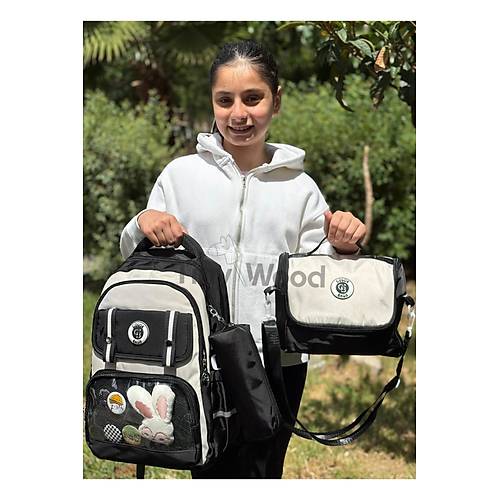 Kawaii Kore Tarz� Aksesuarl� Ve Ergonomik Okul S�rt �antas� Siyah-Bej-Gri| Beslenme, Kalemlik Set
