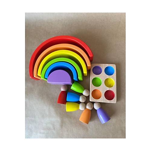 Waldorf 6 Par�al� G�kku�a�� & 6�l� Peg Bebek Tabla Seti | Pastel Renk E�le�tirme Ah�ap Oyuncak