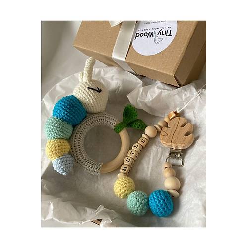 Amigurumi Sevimli T�rt�l Di� Ka��y�c� ��ng�rak Isme �zel Emzik Seti, Organik Unisex Bebek Hediyelik