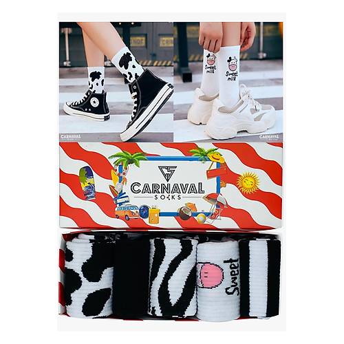Sweet Milk 5li Siyah Beyaz Desenli orap Seti | Unisex Hediye Kutulu oraplar