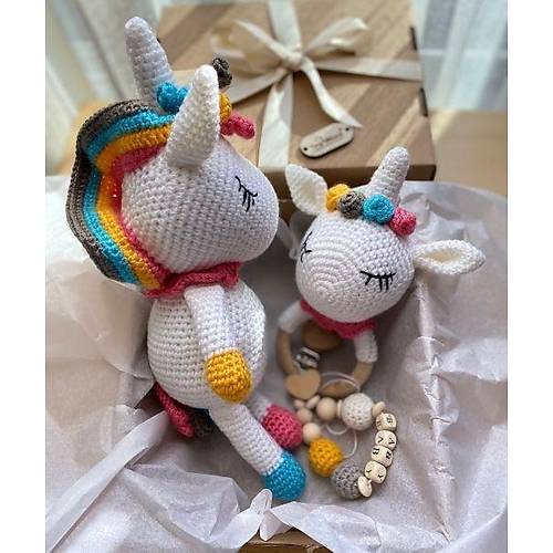Organik rg Unicorn Bebek Hediye Seti | Tiny Wood Doal Unisex Bebek Seti