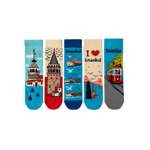 stanbul Temal 5li Renkli orap Seti | Unisex Hediye Kutulu oraplar | Doal Pamuk
