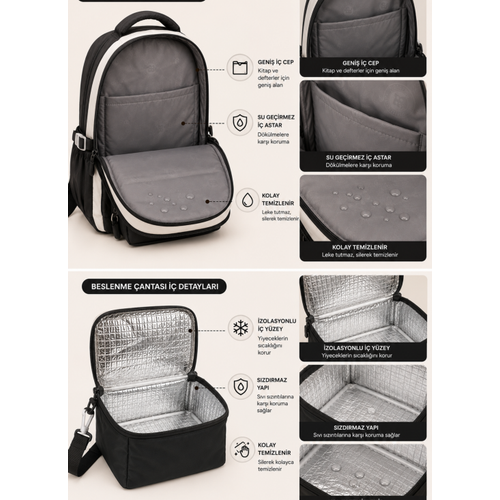 Kawaii Kore Tarz� Aksesuarl� Ve Ergonomik Okul S�rt �antas� Siyah-Bej-Gri| Beslenme, Kalemlik Set