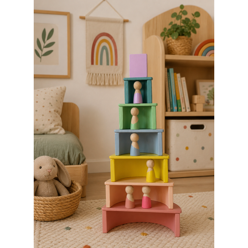 Montessori Waldorf 7 Par�al� Pastel Ah�ap G�kku�a�� A��k U�lu Oyun Seti