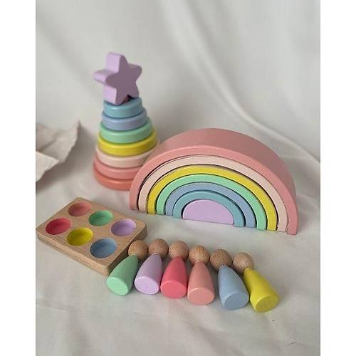 Waldorf 7 Paral Gkkua, 6l Peg Bebek Tabla ve Yldz Hanoi Kule Seti  Pastel Renk Eletirme Ahap Oyuncak