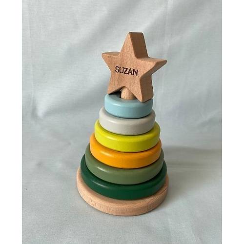 sme zel Ahap Renkli Yldz Kule | Montessori Eitici Ahap Denge Oyunca | Tiny Wood Yeil Haki