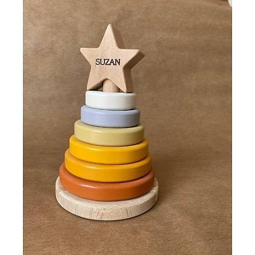 sme zel Ahap Renkli Yldz Kule | Montessori Eitici Ahap Denge Oyunca | Tiny Wood Kahve Pastel
