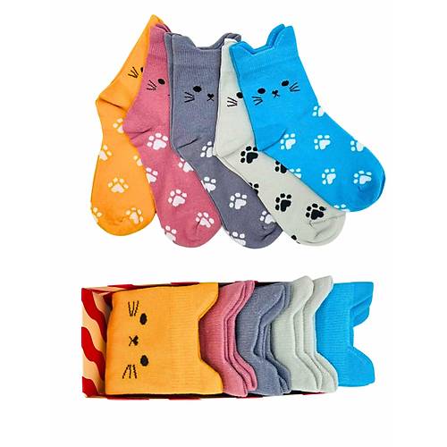 5li Kedi ekilli Renkli orap Seti | Hediye Kutulu Unisex Pamuklu oraplar