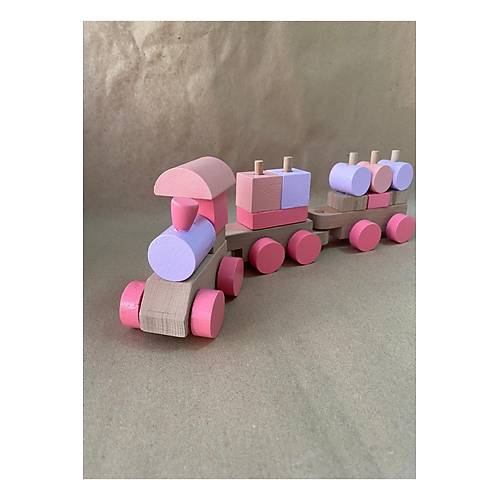 Ah�ap Bloklu E�itici Bul-Tak Tren Oyuncak Seti (Kahve Pastel Renk)