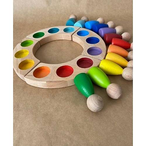 1 Ya+ Waldorf Gkkua Peg Bebek ve Tabla Seti  12li Ahap Renk Eletirme Oyunca | Montessori Eitim Oyunca