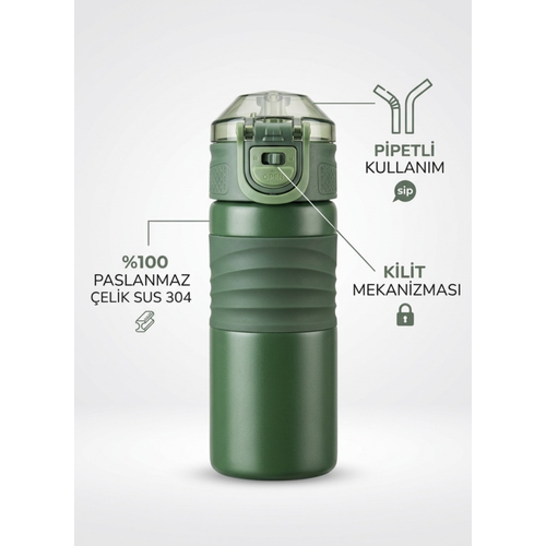Premium 304 Paslanmaz �elik Pipetli Kilitli Termos Matara 450 ml Ergonomik Kavrama