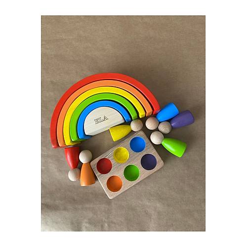 �sme �zel Waldorf 6 Par�al� G�kku�a�� ve 6�l� Peg Bebek Tabla Seti � Pastel Renk E�le�tirme Ah�ap Oyuncak Pempe