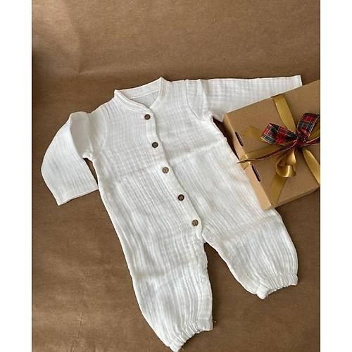 Organik Mslin Erkek Bebek Tulum | 0-3 Ay | Doal Pamuk Kuma |  Tiny Wood Ak Mavi -Krem