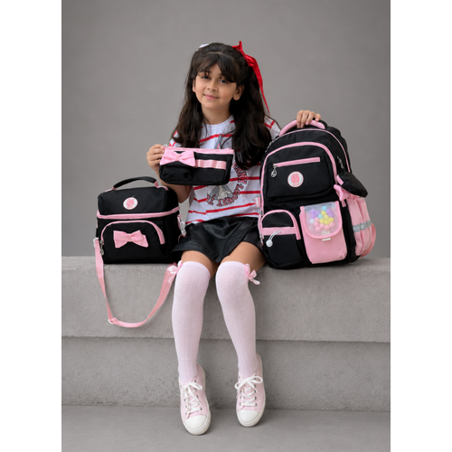 Kore Tarz� K�z �ocuk 3l� Okul �antas� Seti Siyah Pembe Aksesuarl� �lkokul �antas�