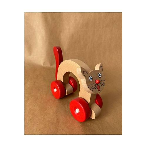 Ah�ap Oyuncak Kedi | K�rm�z� Tekerlekli Montessori Oyuncak