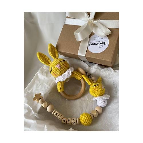 Sar� Bebek Hediyelik Tav�an Emzik Zinciri & ��ng�rak | Unisex Yeni Do�an �simli Emzik Hediye Seti | El Yap�m� Organik Bebek Hediyesi