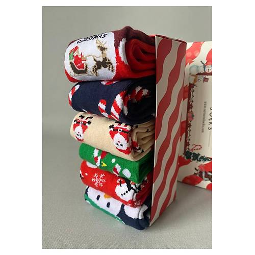 Y�lba�� 6?l� Desenli �orap Seti | Unisex Hediye Kutulu K�� Temal� �oraplar