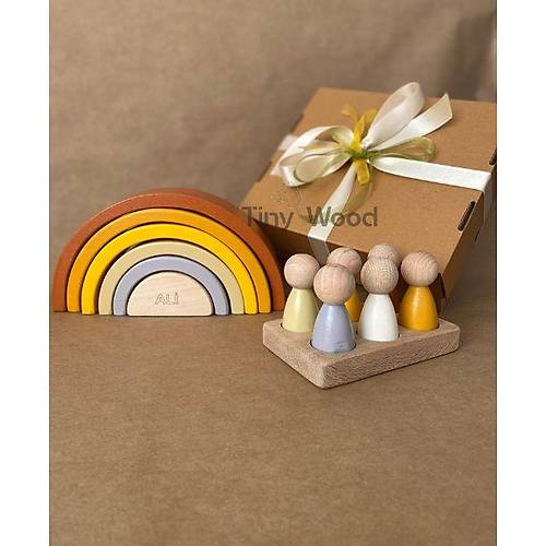 sme zel Waldorf 6 Paral Gkkua ve 6l Peg Bebek Tabla Seti  Pastel Renk Eletirme Ahap Oyuncak Kahve Pastel