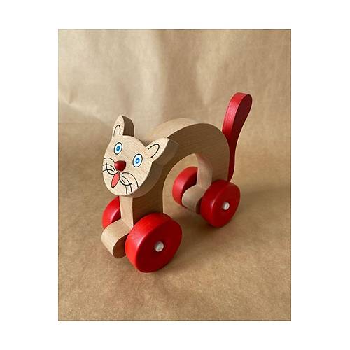 Ah�ap Oyuncak Kedi | K�rm�z� Tekerlekli Montessori Oyuncak