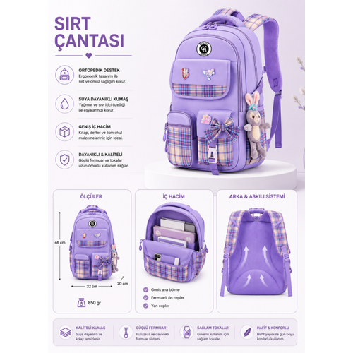 K�z �ocuk �lk��retim �antas� Ultra Hafif ilkokul / Ortaokul Okul �antas� Pembe- Pudra Ekose Cep