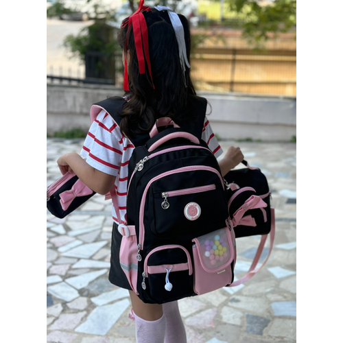 Kore Tarz� K�z �ocuk 3l� Okul �antas� Seti Siyah Pembe Aksesuarl� �lkokul �antas�