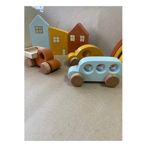 Montessori Oyuncak Ah�ap Ev ve Araba Seti � 6�l� E�itici Do�al Ah�ap Oyuncak | Tiny Wood