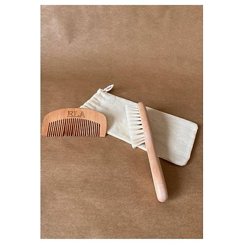 2'li Set �sme �zel %100 Ke�i K�l� Bebek Sa� F�r�as� & Mini Oval Tarak | Do�al Ah�ap Bebek Bak�m Seti