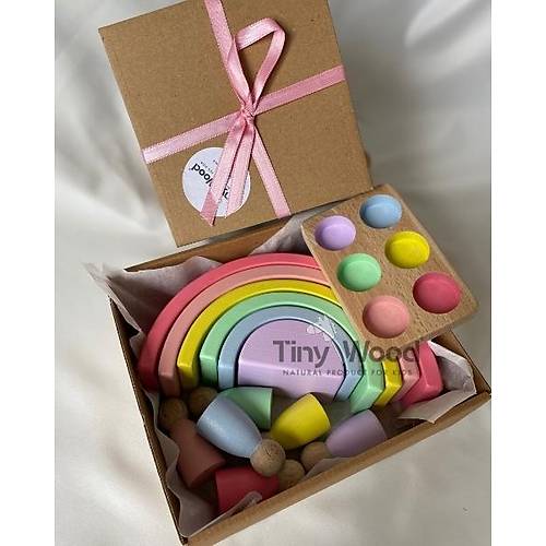Waldorf 6 Paral Gkkua & 6l Peg Bebek Tabla Seti | Pembe Pastel Renk Eletirme Ahap Oyuncak