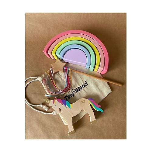 Ah�ap Waldorf Unicorn G�kku�a�� De�nek Oyuncak Seti | Do�al Masal Oyuncaklar� | El Yap�m� Waldorf Set