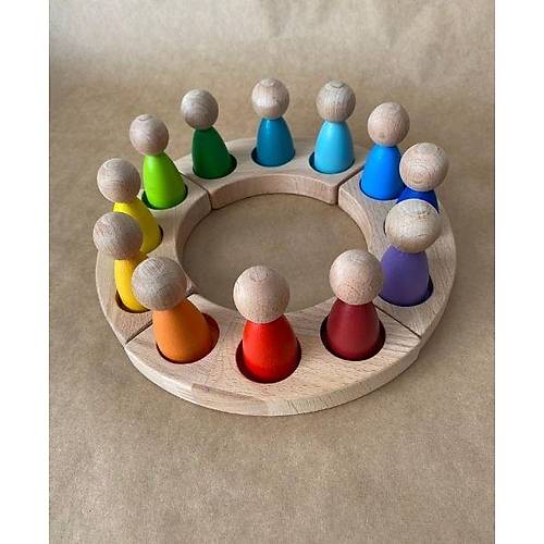 1 Ya+ Waldorf Gkkua Peg Bebek ve Tabla Seti  12li Ahap Renk Eletirme Oyunca | Montessori Eitim Oyunca