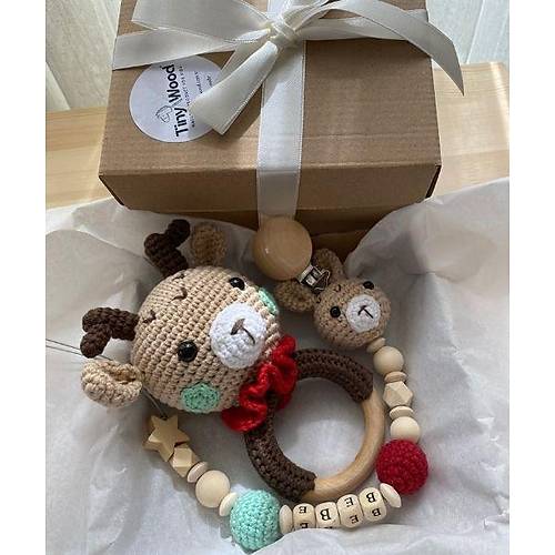 Bambi Bebek Hediye Seti | Amigurumi Emzik Zinciri & Di Kayc Krmz Bej