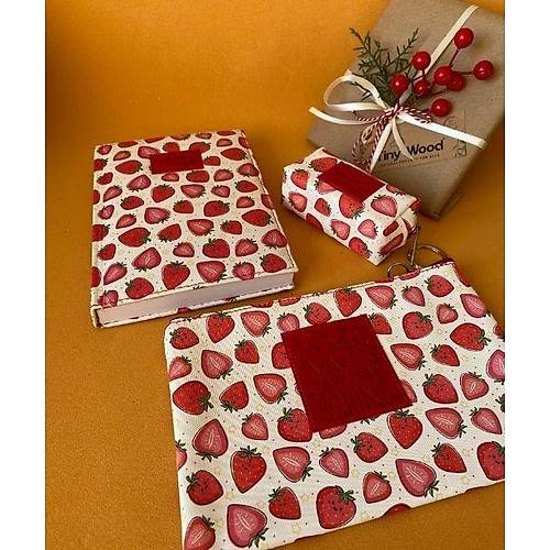 ilek Desenli Deri Kapl Defter Seti 3'l | 14x20 cm izgili Defter, Bozuk Para Czdan, Makyaj antas