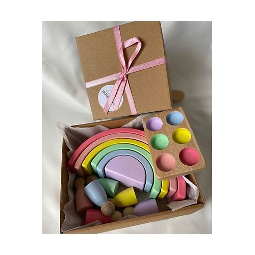 Waldorf 6 Par�al� G�kku�a�� & 6�l� Peg Bebek Tabla Seti | Pembe Pastel Renk E�le�tirme Ah�ap Oyuncak