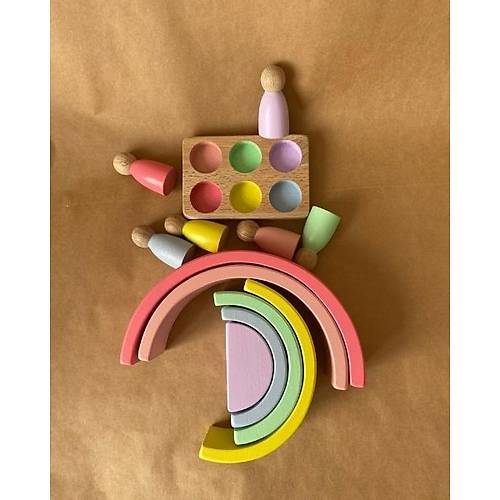 Waldorf 6 Paral Gkkua & 6l Peg Bebek Tabla Seti | Pembe Pastel Renk Eletirme Ahap Oyuncak