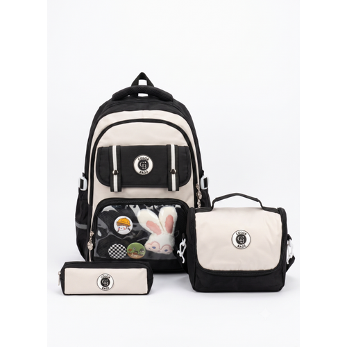 Kawaii Kore Tarz� Aksesuarl� Ve Ergonomik Okul S�rt �antas� Siyah-Bej-Gri| Beslenme, Kalemlik Set