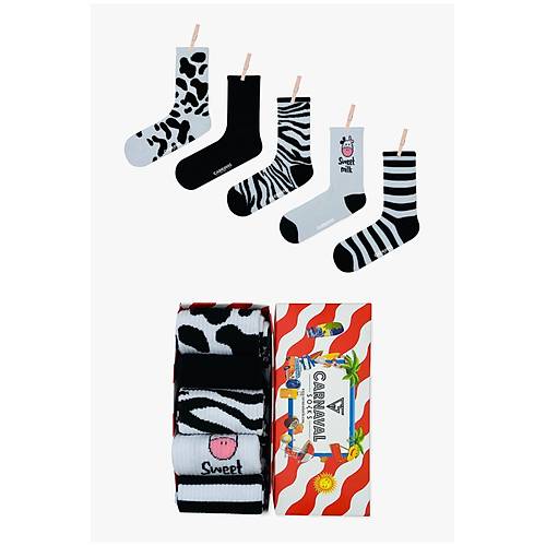 Sweet Milk 5?li Siyah Beyaz Desenli �orap Seti | Unisex Hediye Kutulu �oraplar