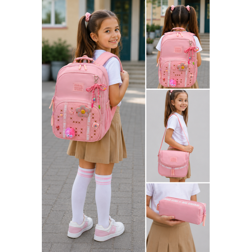 �lkokul K�z �ocuk 3'l� Okul �anta Seti Pembe Big Dream Desenli