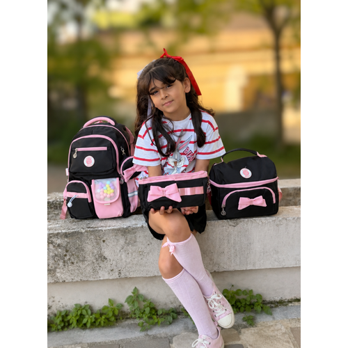 Kore Tarz� K�z �ocuk 3l� Okul �antas� Seti Siyah Pembe Aksesuarl� �lkokul �antas�