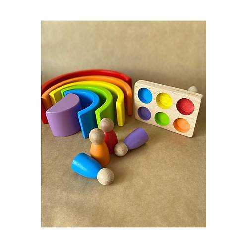 Waldorf 6 Par�al� G�kku�a�� & 6�l� Peg Bebek Tabla Seti | Pastel Renk E�le�tirme Ah�ap Oyuncak