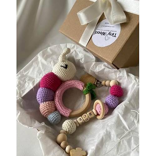 Amigurumi Sevimli Trtl Di Kayc ngrak & simli Emzik Seti | Organik Unisex Bebek Hediyelik Pembe-Mor