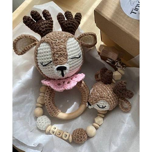 Bambi Bebek Hediye Seti | Amigurumi Emzik Zinciri & Di Kayc Pembe