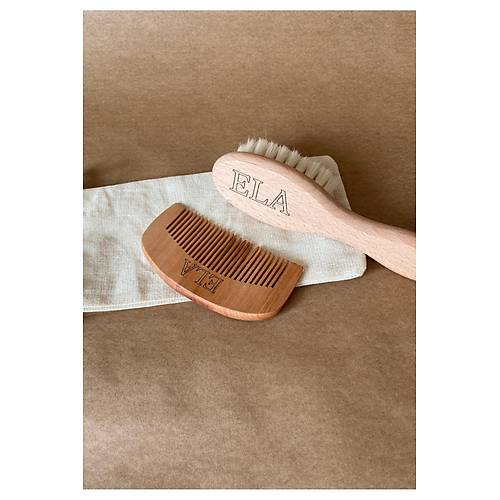 2'li Set �sme �zel %100 Ke�i K�l� Bebek Sa� F�r�as� & Mini Oval Tarak | Do�al Ah�ap Bebek Bak�m Seti
