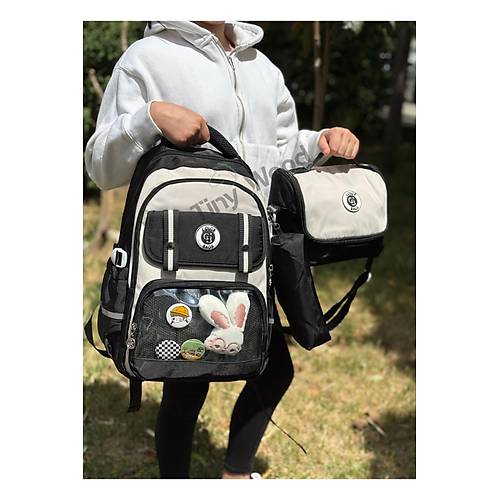 Kawaii Kore Tarz� Aksesuarl� Ve Ergonomik Okul S�rt �antas� Siyah-Bej-Gri| Beslenme, Kalemlik Set