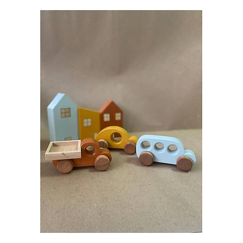 Montessori Oyuncak Ah�ap Ev ve Araba Seti � 6�l� E�itici Do�al Ah�ap Oyuncak | Tiny Wood