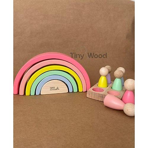 sme zel Waldorf 6 Paral Gkkua ve 6l Peg Bebek Tabla Seti  Pastel Renk Eletirme Ahap Oyuncak Pempe