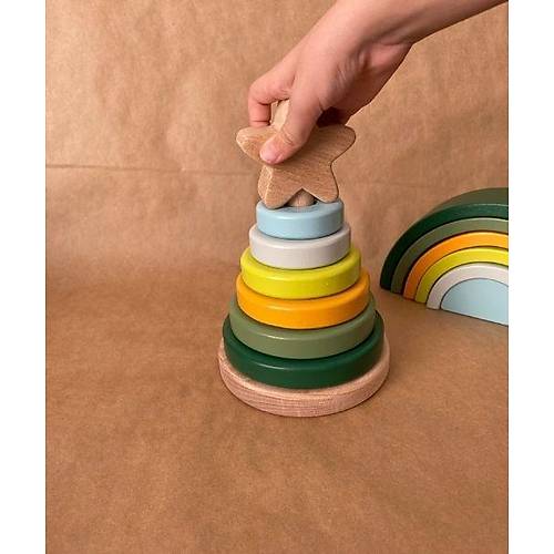 Ahap Renkli Yldz Kule/ Hanoi / Montessori Eitici Ahap Denge Oyunca Yeil Ton