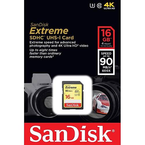 SanDisk Extreme SDHC Card 16GB 90MB/s Class 10 UHS-I U3